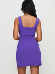 back view of model wearing Princess Polly Bombshell Mini Dress Purple Square Neck 