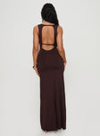 back view of model wearing Princess Polly Frederica Plunge Maxi Dress Chocolate Petite Plunger 