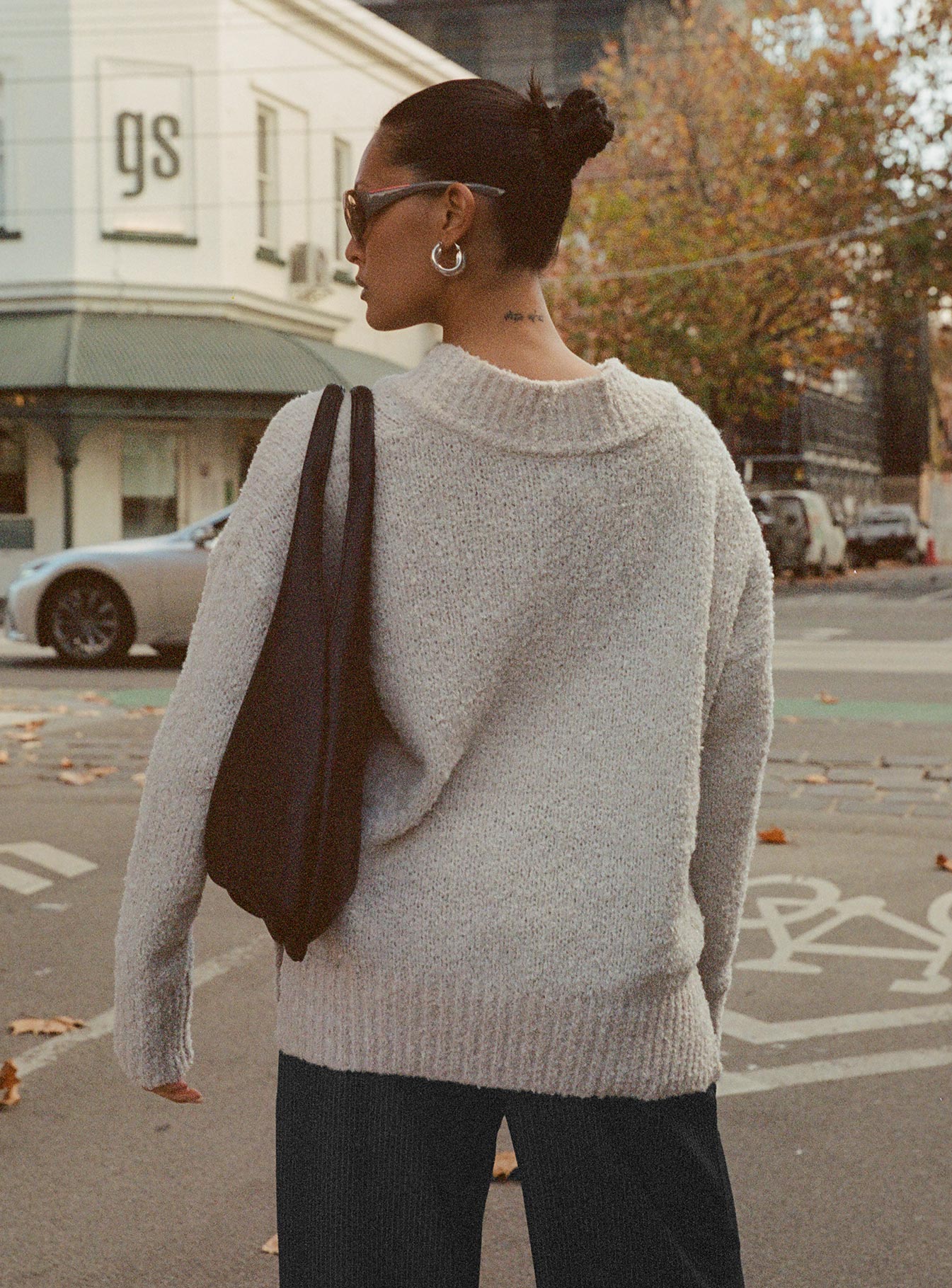 back view of model wearing Princess Polly Mich Knit Sweater Beige 