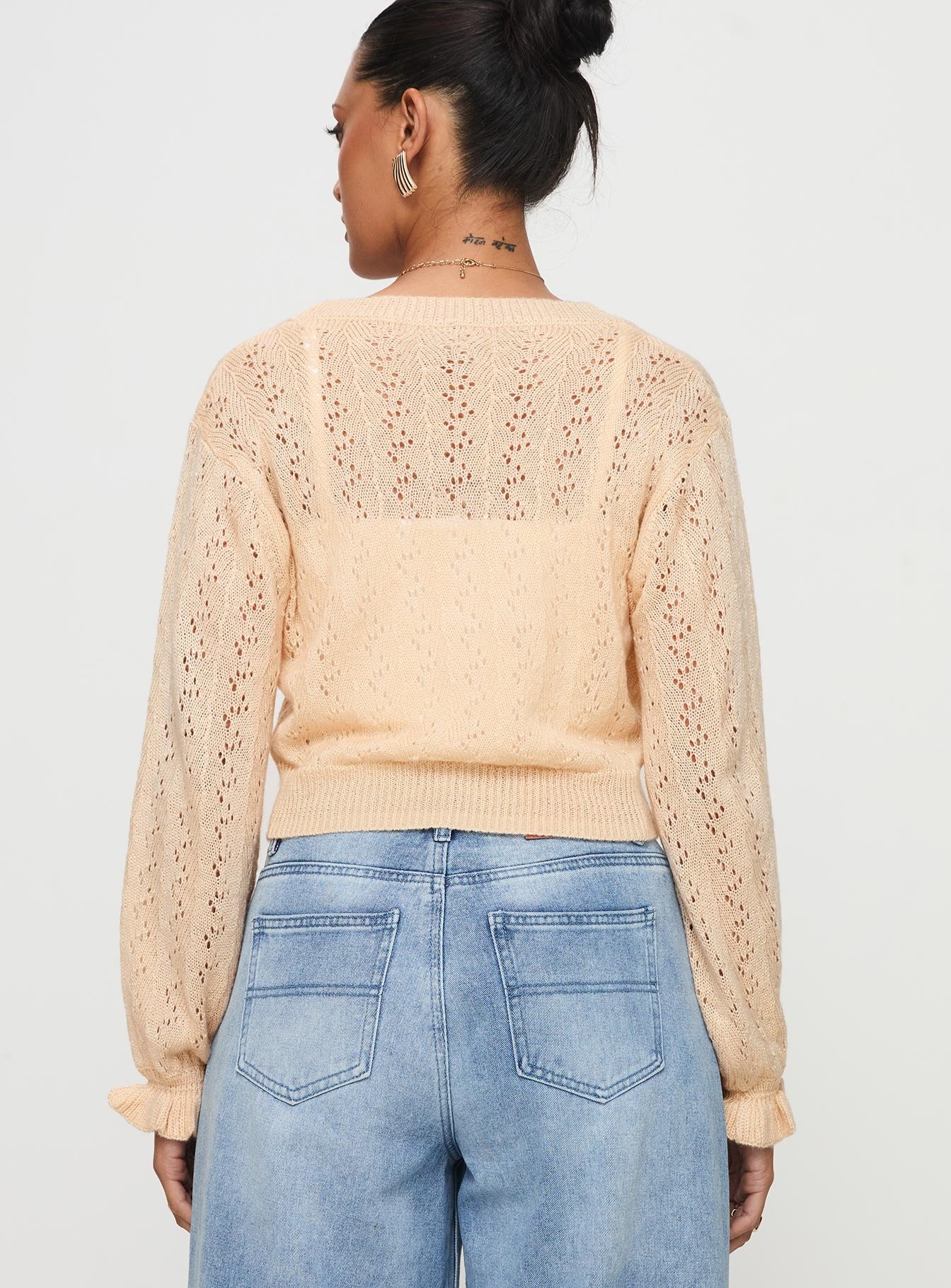 back view of model wearing Princess Polly Lyric Cropped Cardigan Beige Cropped 