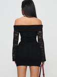 back view of model wearing Princess Polly Fable Off The Shoulder Mini Dress Black Straight Neck 