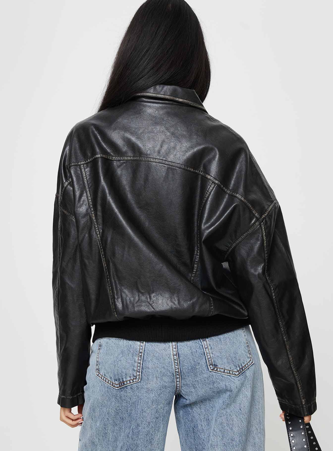 Washed PU jacket Classic collar, silver-toned hardware, zip fastening at front, twin chest pockets, elasticated waistband