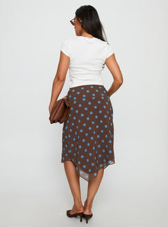 back view of model wearing Princess Polly Daphene Asymmetrical Midi Skirt Brown / Blue Polka Dot Midi Skirts 