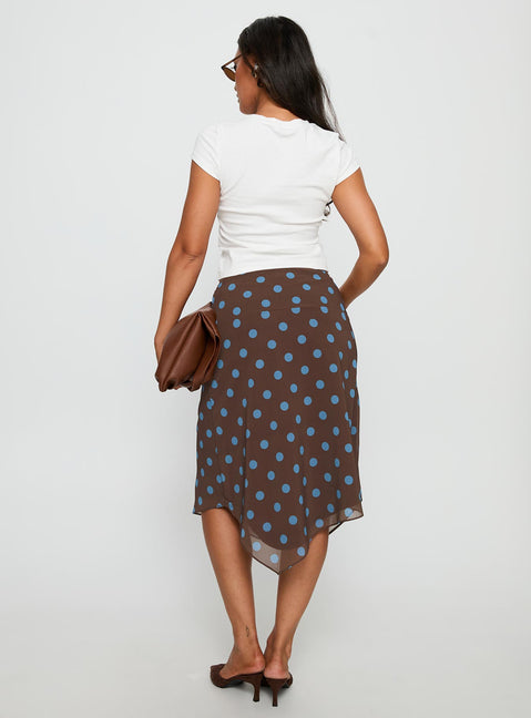 back view of model wearing Princess Polly Daphene Asymmetrical Midi Skirt Brown / Blue Polka Dot Midi Skirts 