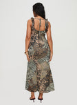 back view of model wearing Princess Polly Ismeralda Maxi Dress Leopard Square Neck 