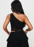 back view of model wearing Princess Polly Damarie One Shoulder Top Black Sleeveless Asymmetric Neckline 