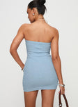 back view of model wearing Princess Polly Cloud Strapless Boucle Mini Dress Light Blue Straight Neck 