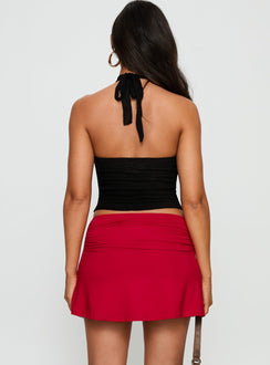 back view of model wearing Princess Polly Tamsyn Ruched Mini Skirt Red Mini Skirts 