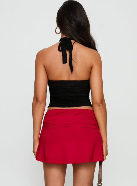 back view of model wearing Princess Polly Tamsyn Ruched Mini Skirt Red Mini Skirts 