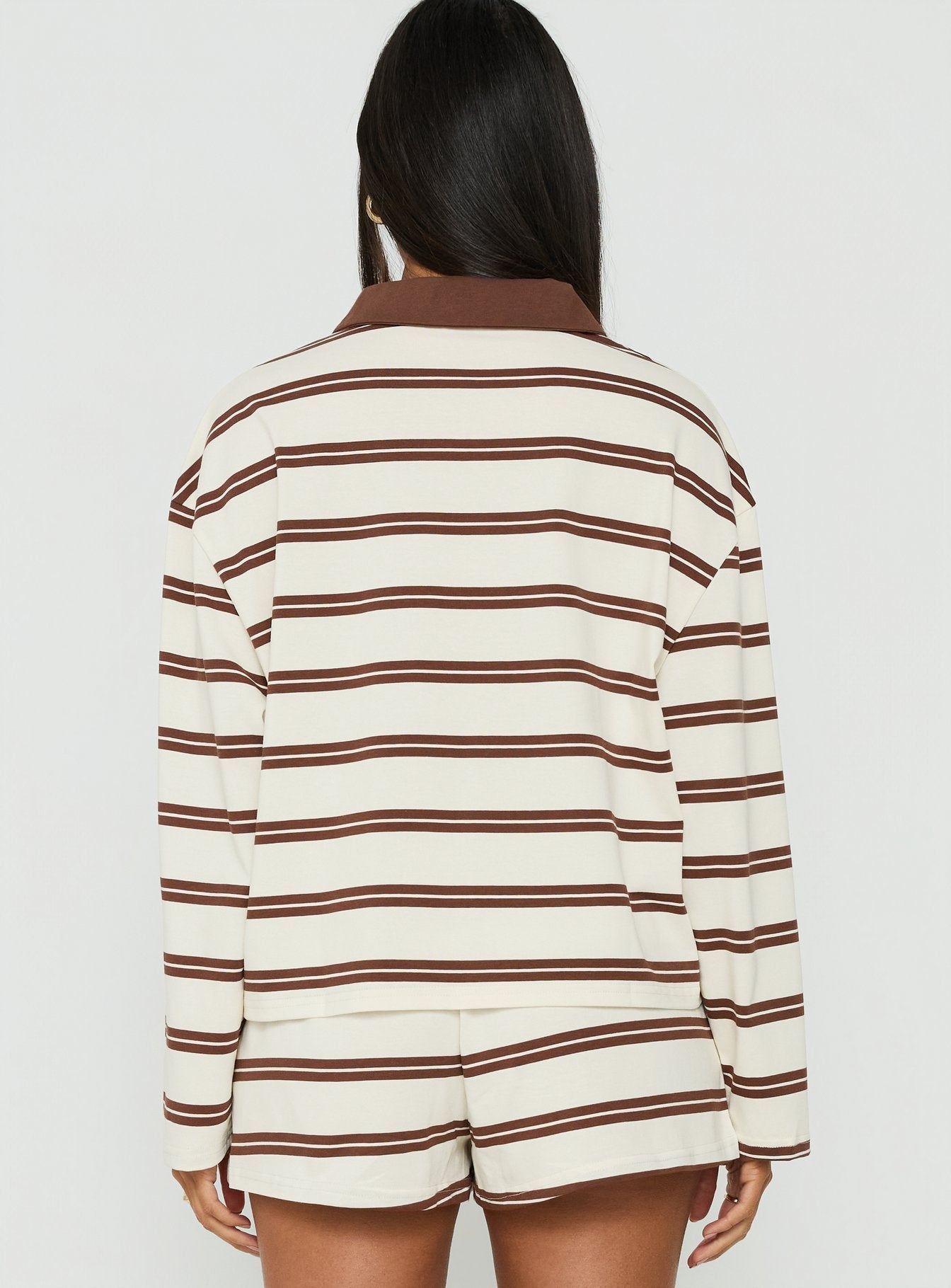 Eddi Long Sleeve Polo Top Cream / Brown Stripe