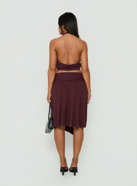 Soft Focus Tie Waist Midi Skirt Plum Noir