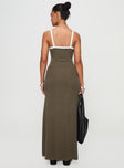 back view of model wearing Princess Polly Austrina Maxi Dress Olive Square Neck 