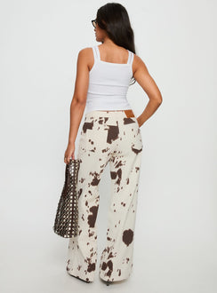 back view of model wearing Princess Polly Big Dreamer Low Rise Straight Leg Jeans Cow Print Low Rise Jeans 