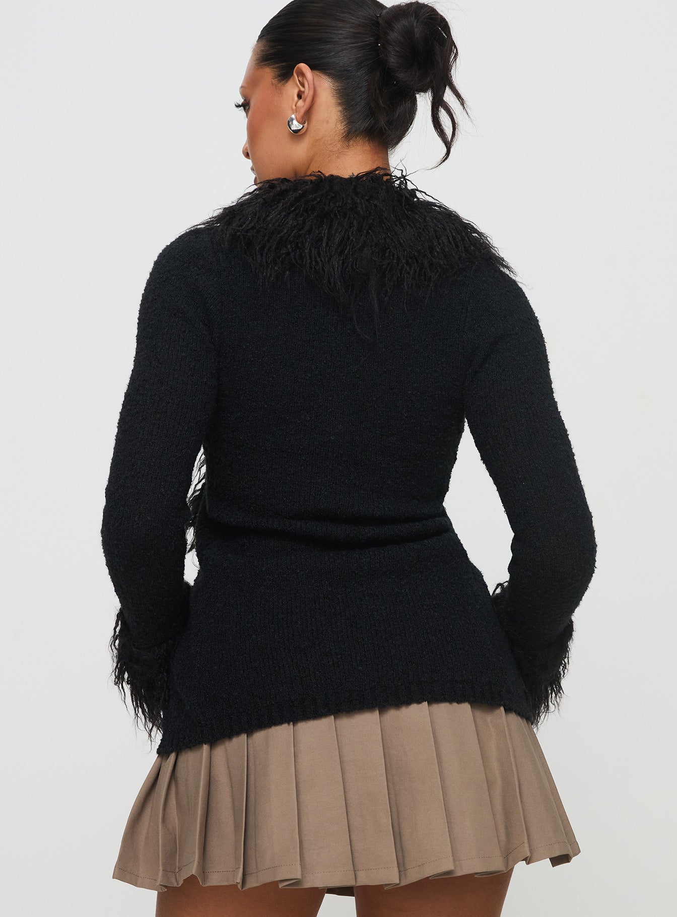 back view of model wearing Princess Polly Sistine Cardigan Black Longline Jumpers 