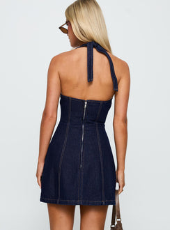 Say Goodnight Denim Halter Mini Dress Mid Wash Tall