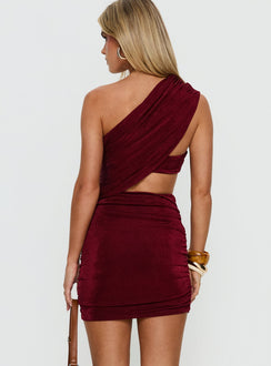 Junina One Shoulder Ruched Mini Dress Burgundy