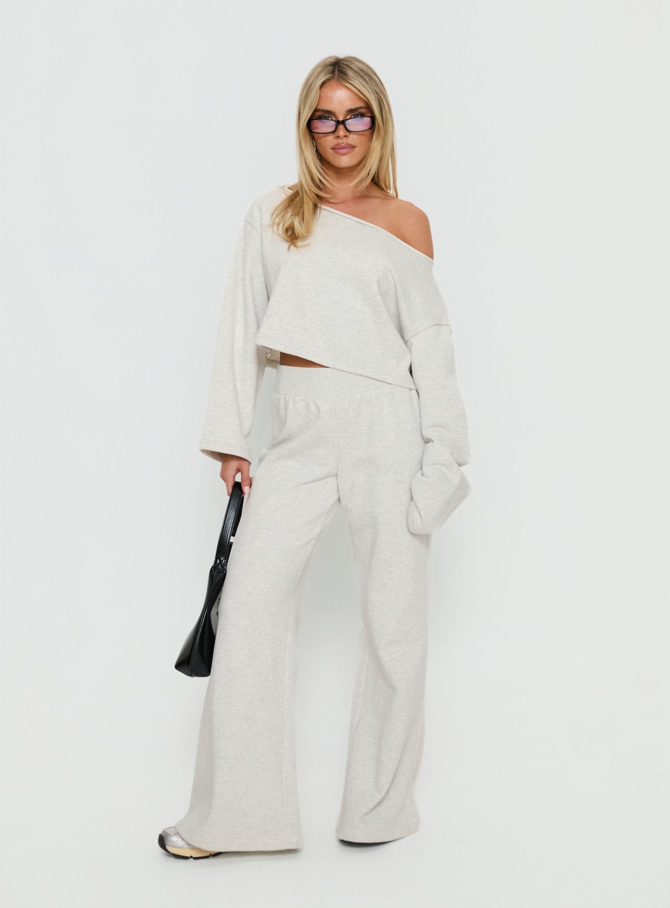 front view of model wearing Princess Polly Retreat Raw Edge Off Shoulder Jumper Snow Marle cropped 