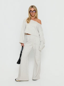 front view of model wearing Princess Polly Retreat Raw Edge Off Shoulder Jumper Snow Marle cropped 