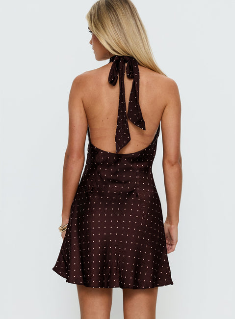 Primevere Halter Mini Dress Burgundy Polka Dot