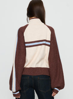 back view of model wearing Princess Polly Lexanne Zip Through Knit Jumper Cream Multi regular 