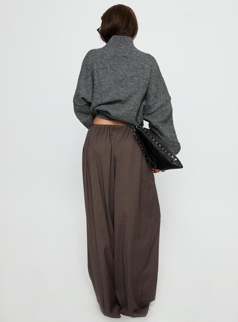back view of model wearing Princess Polly Bungala Oversized Relaxed Pant Brown Check Mid Rise Pants 