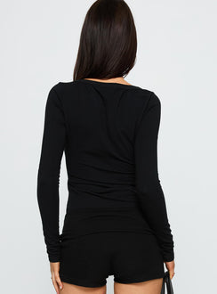 back view of model wearing Princess Polly Count Me In Long Sleeve Top Black Full Sleeves V-Neck 