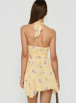 Isidorah Halter Pleat Mini Dress Blurred Yellow Floral