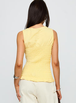 back view of model wearing Princess Polly Maybe Tomorrow Ruched Sleeveless Top Lemon Sleeveless Crew Neck 