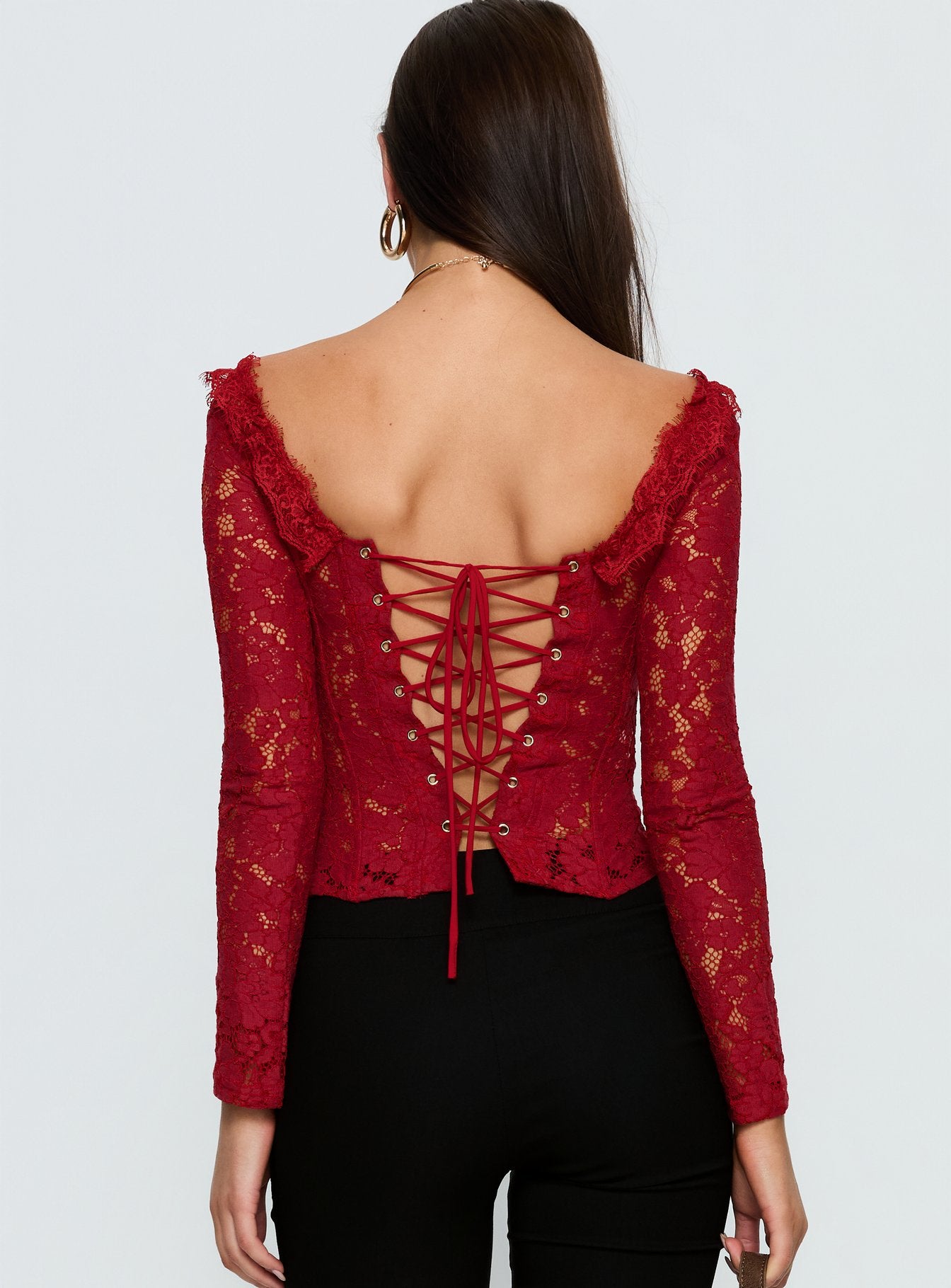 Miquela Long Sleeve Corset Lace Top | Red | Womens | Princess Polly Miquela Long Sleeve Corset Lace Top | Red | Womens | Princess Polly