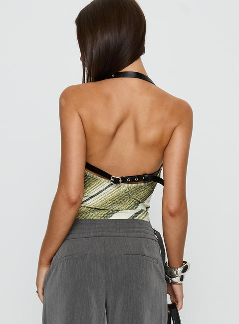 Syrenah Halter Cowl Neck Top Green Stripe