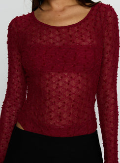 front view of model wearing Princess Polly Harly Sheer Long Sleeve Bodysuit Red Long Sleeve Tops 
