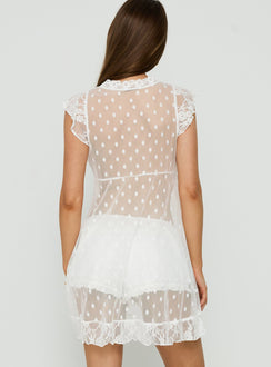 Afortunata Sheer Lace Frill Mini Dress White Polka Dot