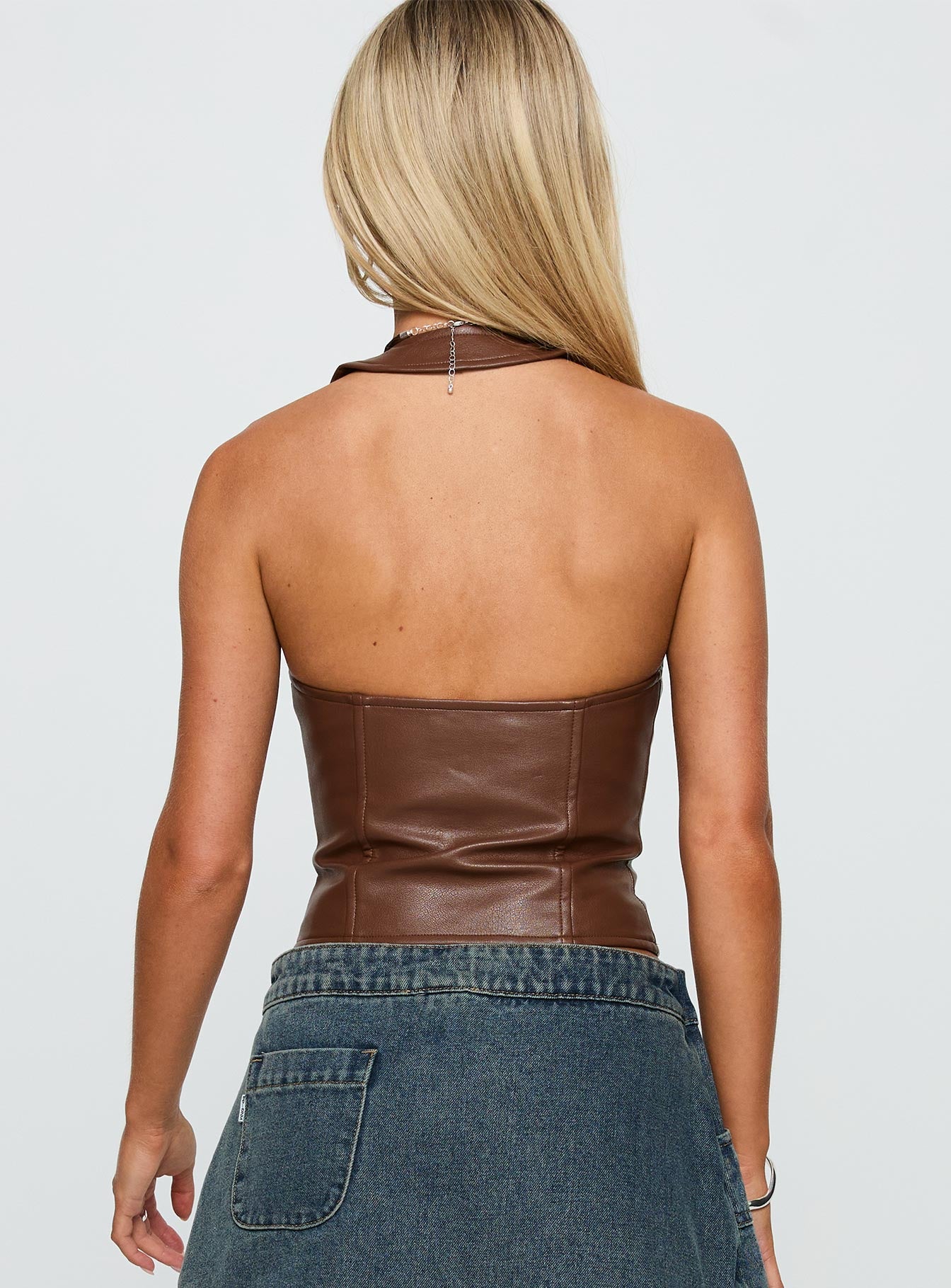 back view of model wearing Princess Polly Light On Tie Up Faux Leather Top Chocolate Sleeveless Plunger 