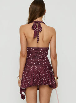 Mariellen Halter Mini Dress Plum Polka Dot