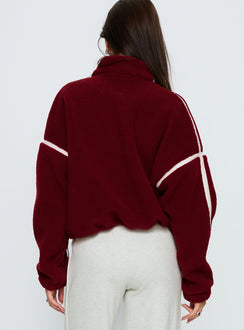 back view of model wearing Princess Polly Sammee Polar Fleece Contrast Zip Through Jacket Red Cropped Jumpers 