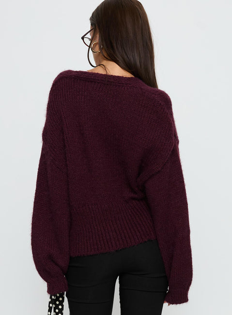 back view of model wearing Princess Polly Yasmyn Knit Cardigan Burgundy 