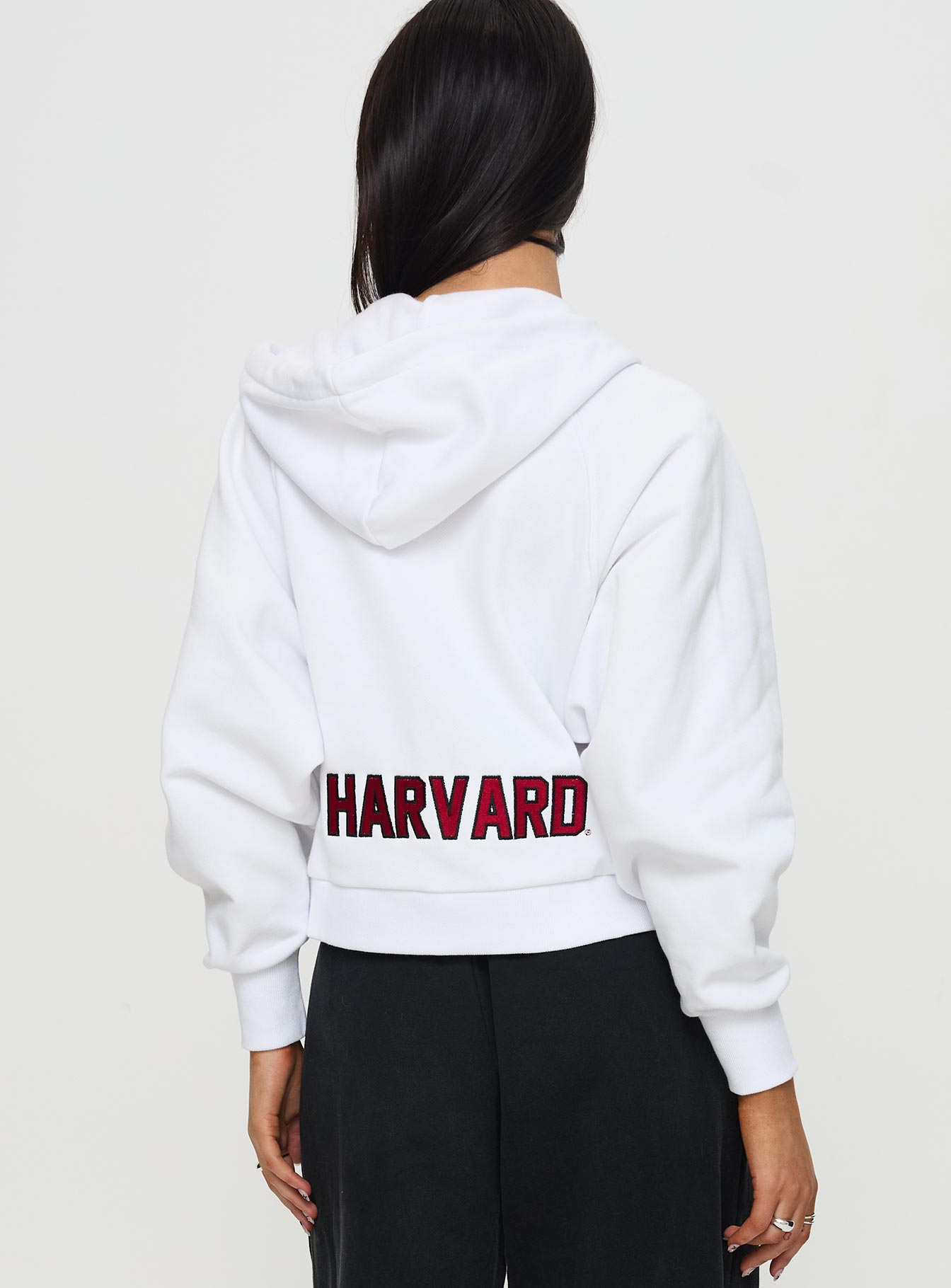 back view of model wearing Princess Polly Harvard Raglan Zip Up White / Red 