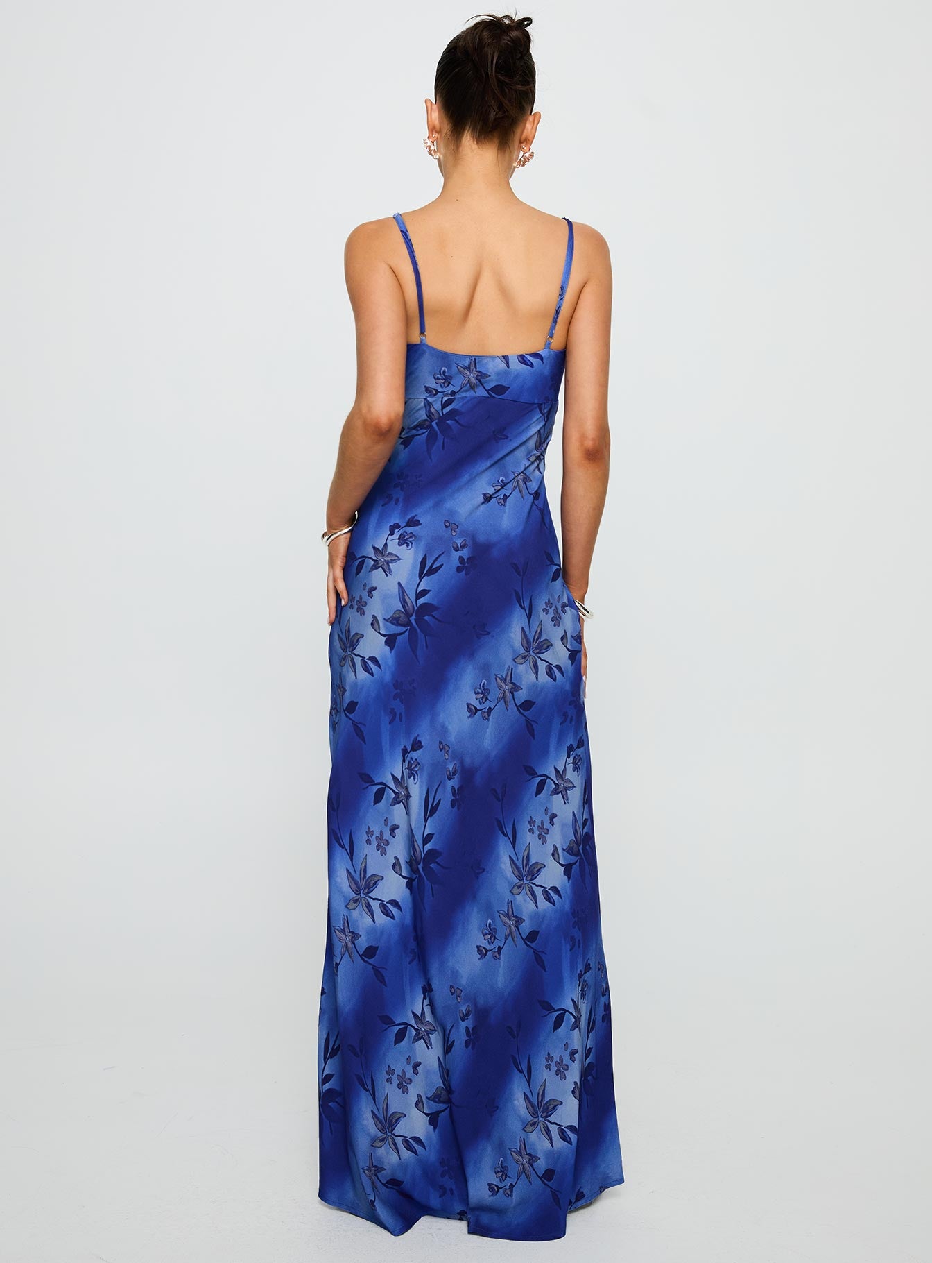 back view of model wearing Princess Polly Lauraline Maxi Dress Blue V-Neck 