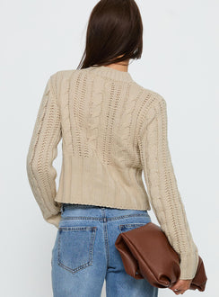 back view of model wearing Princess Polly Donielle Cable Knit Cardigan Beige cropped 