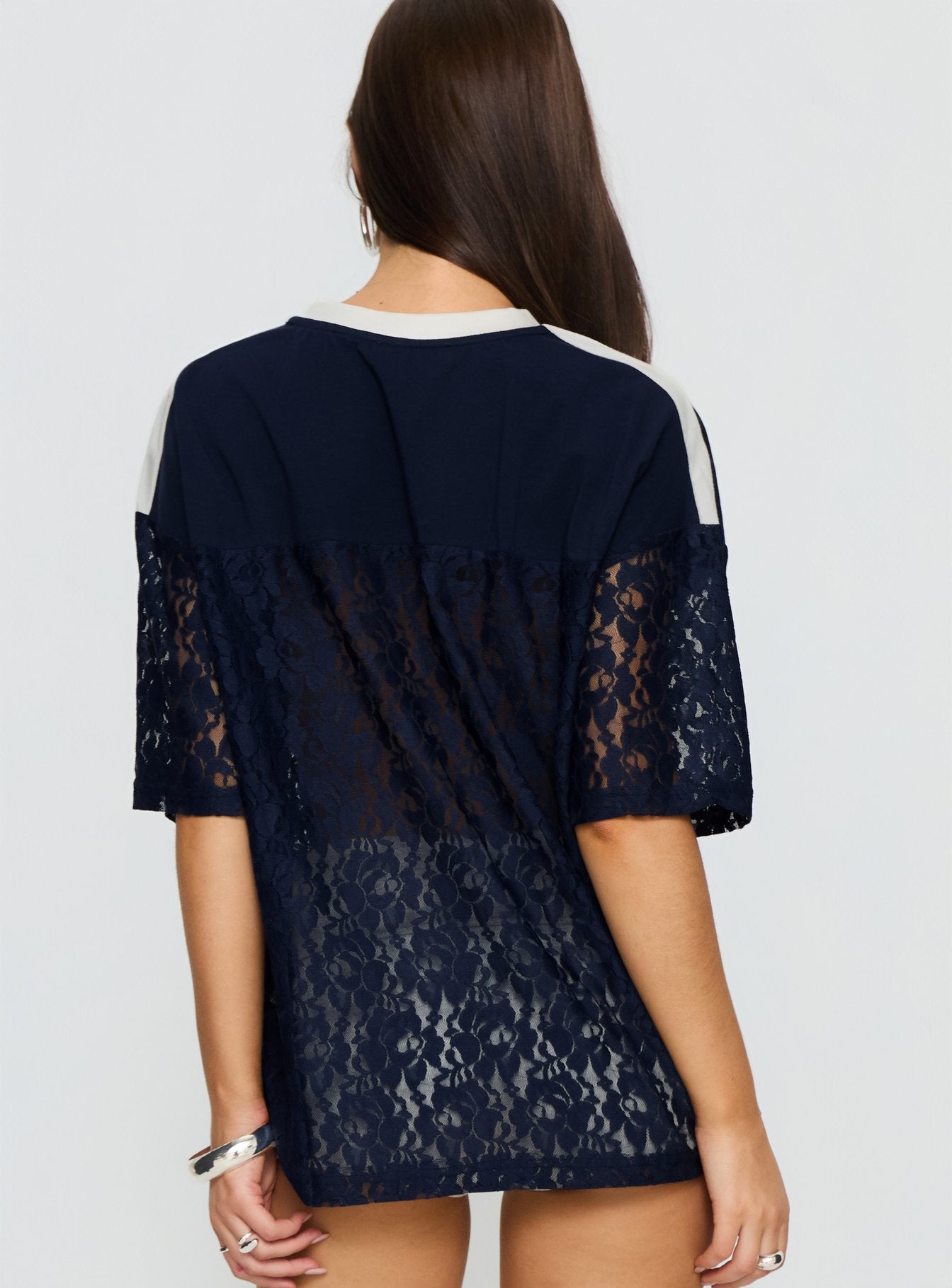 Lucky 23 Lace Jersey Graphic Top Navy | Princess Polly