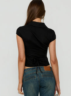 Oceanna Ruched Short Sleeve Collared Top Black