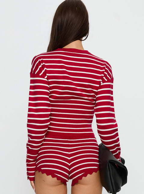 back view of model wearing Princess Polly Head In The Clouds Cardigan Crimson Stripe 