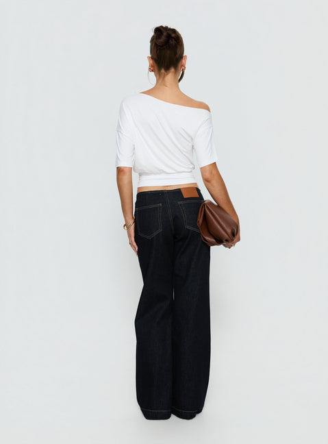 back view of model wearing Princess Polly Buenos No Waist Low Rise Straight Leg Jeans Raw Denim Mid Rise Jeans 