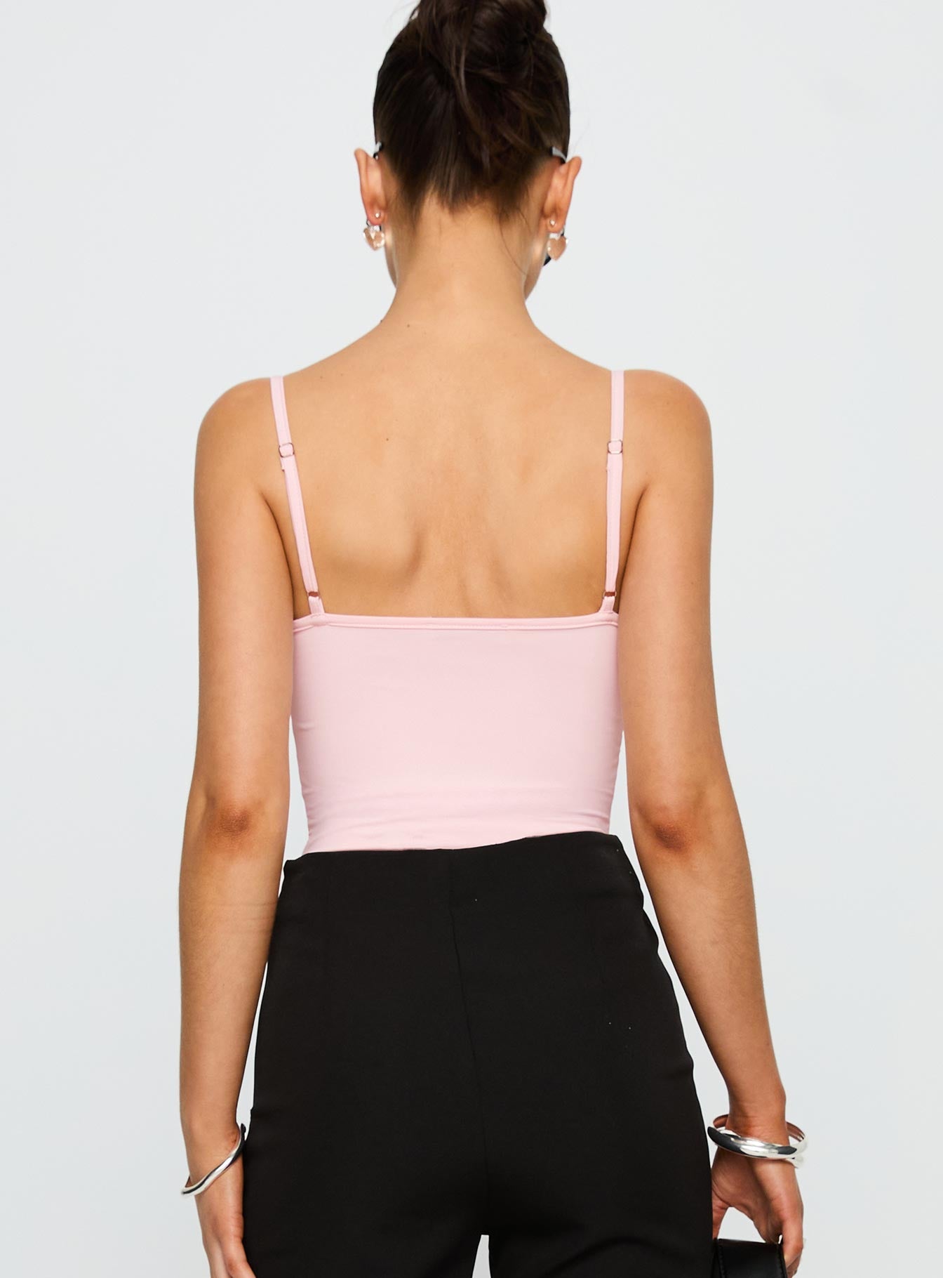 back view of model wearing Princess Polly Aetherial Lace Detail Bodysuit Pink Sleeveless 