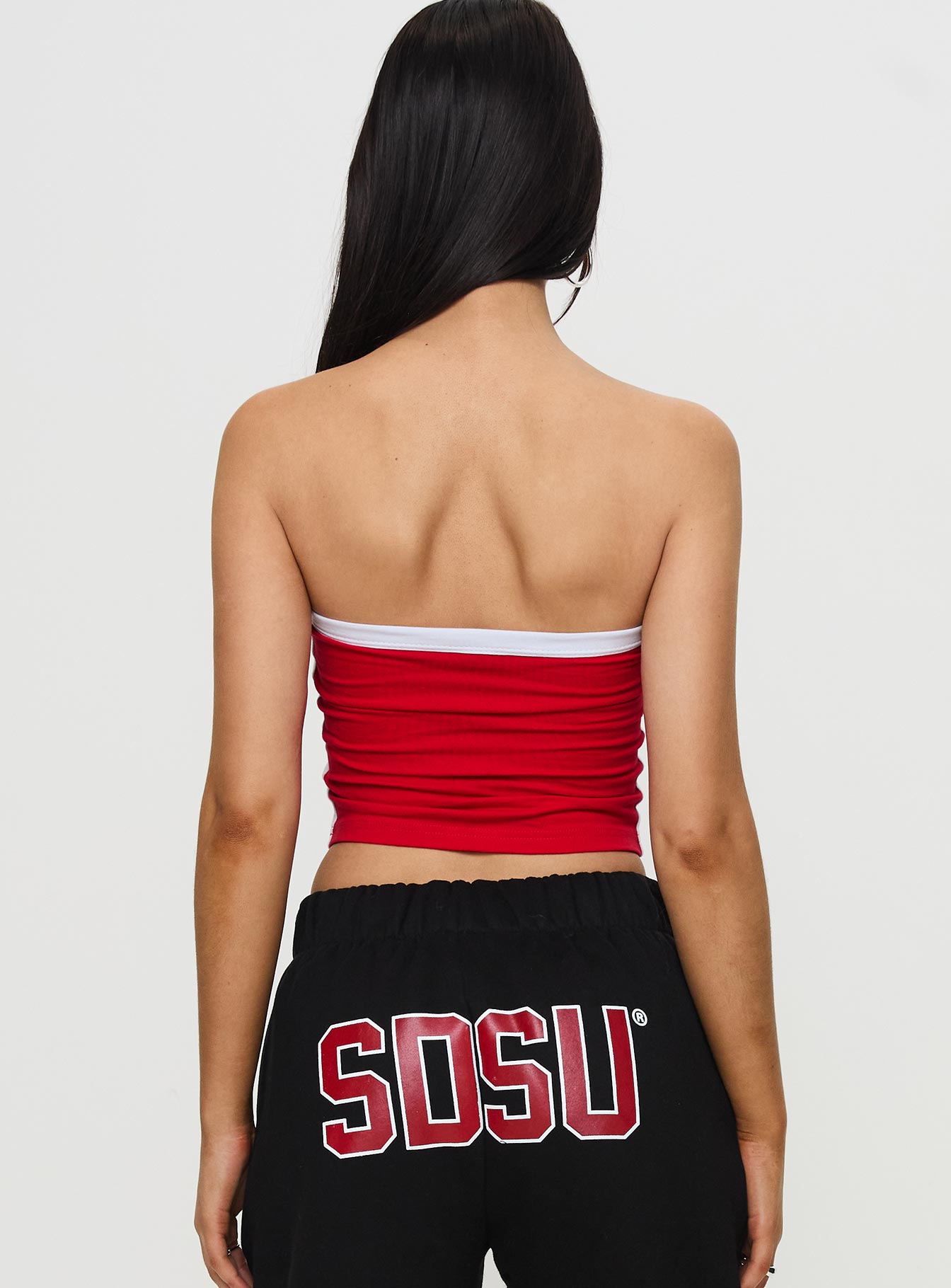back view of model wearing Princess Polly SDSU All Star Tube Top Red Sleeveless straight 