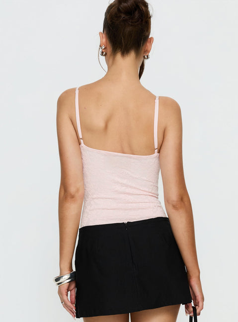 back view of model wearing Princess Polly Laryna Lace Bodysuit Pink Sleeveless 