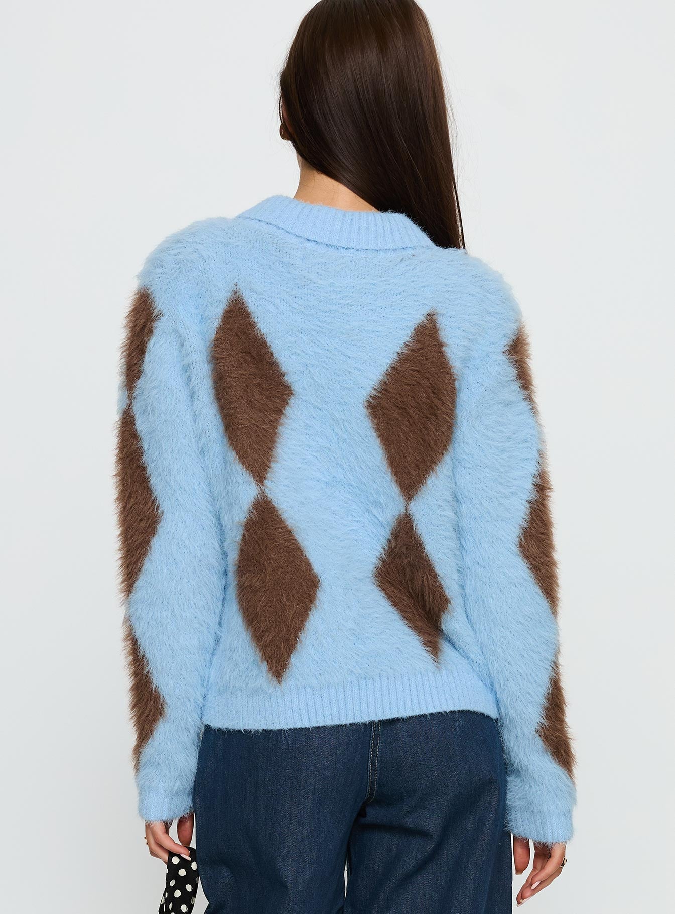 back view of model wearing Princess Polly Lynnsey Fluffy Collared Knit Sweater Blue Argyle Cropped 