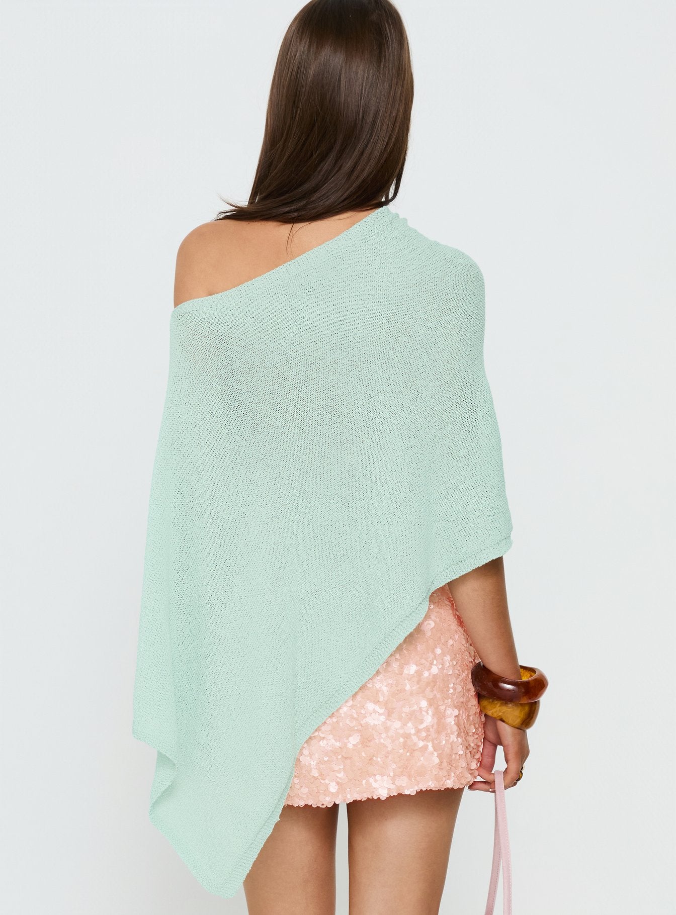 back view of model wearing Princess Polly Rouse Off Shoulder Knit Poncho Jelly Mint Longline Jumpers 