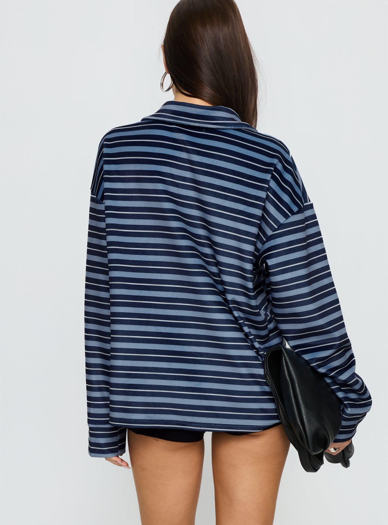 back view of model wearing Princess Polly Mystris Collared Jumper Blue Stripe Longline Jumpers 