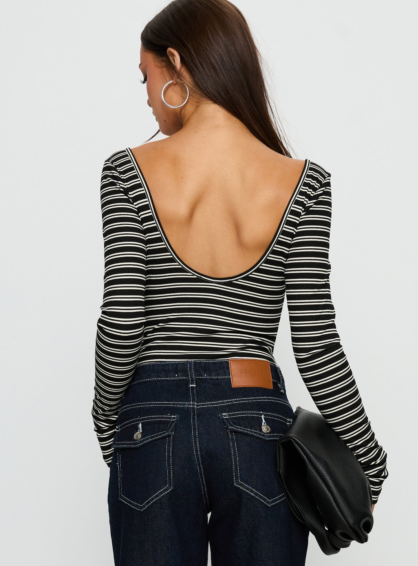 back view of model wearing Princess Polly Donica Square Neck Long Sleeve Bodysuit Grey Stripe Long Sleeve Tops 